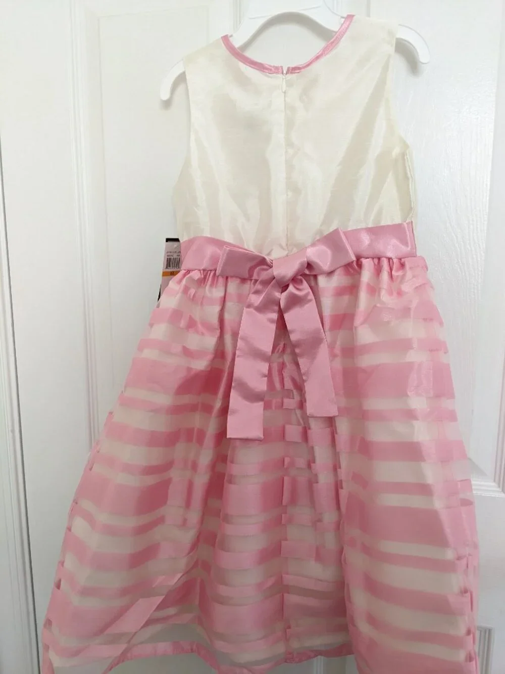 New Jayne Copeland Girls Dress White/Pink Taffeta Stripes Bow Festive SZ 6X